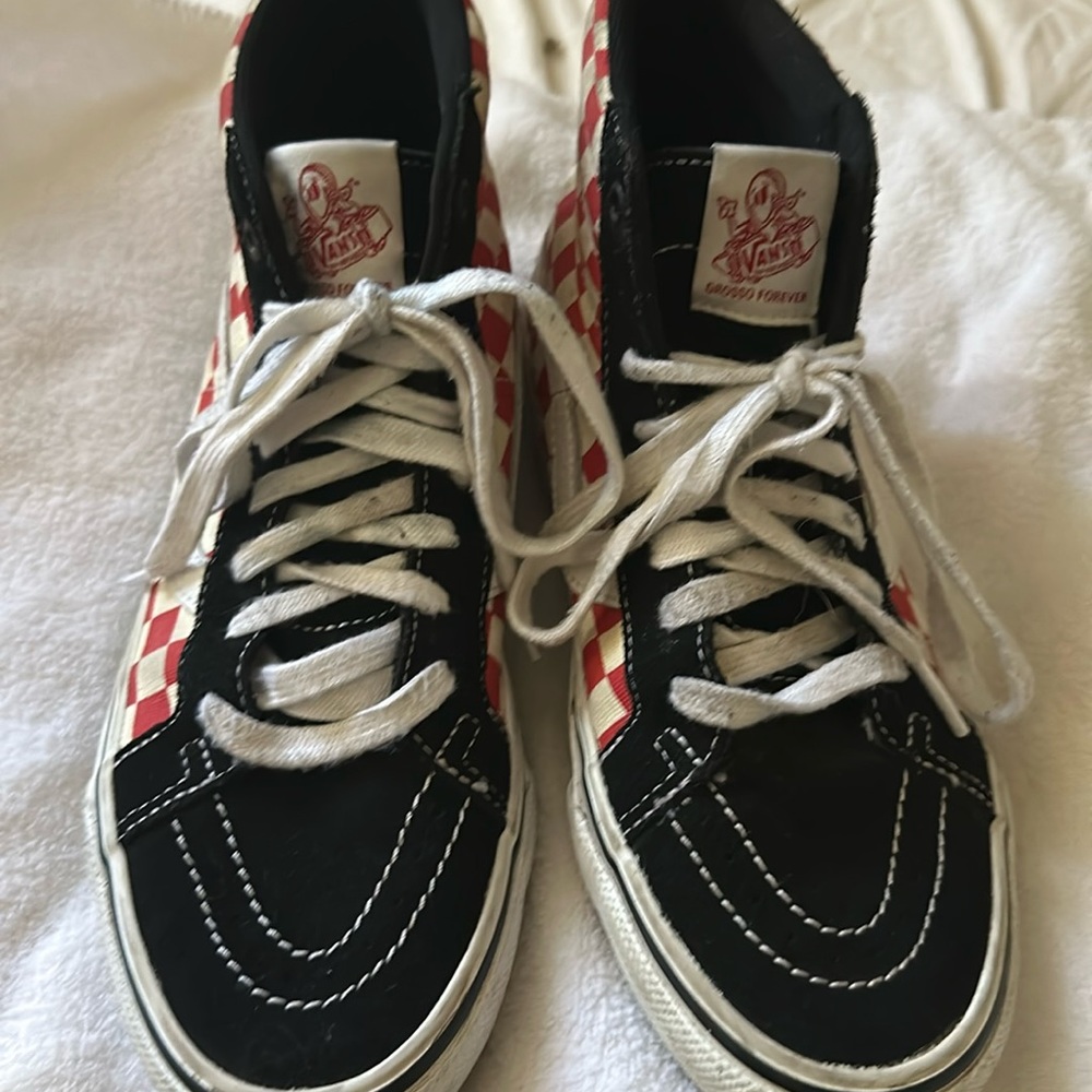 Vans high tops worn once black suede with red as white checker print